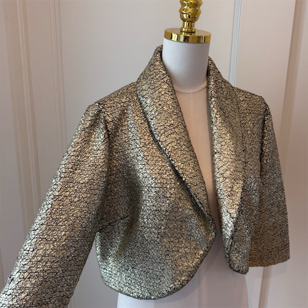 Chico's Bolero Jacket Womens Size 1 Gold Metallic Cropped Open Front 3/4